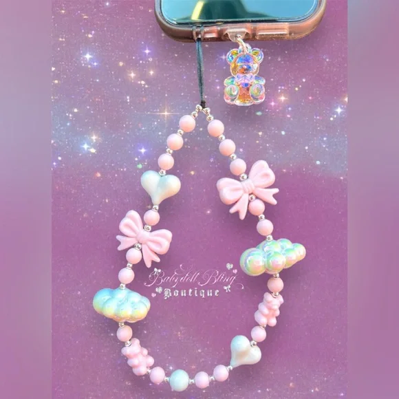 Phone Strap Lanyard ✨☁️ Luxury cloud ribbons hearts beaded shiny luxe y2k kawaii - Picture 5 of 17